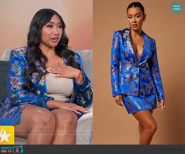 Fashion Nova Brenda Satin Embroidered Skirt Suit Set in Royal worn by Rosslyn Castro on Access Hollywood