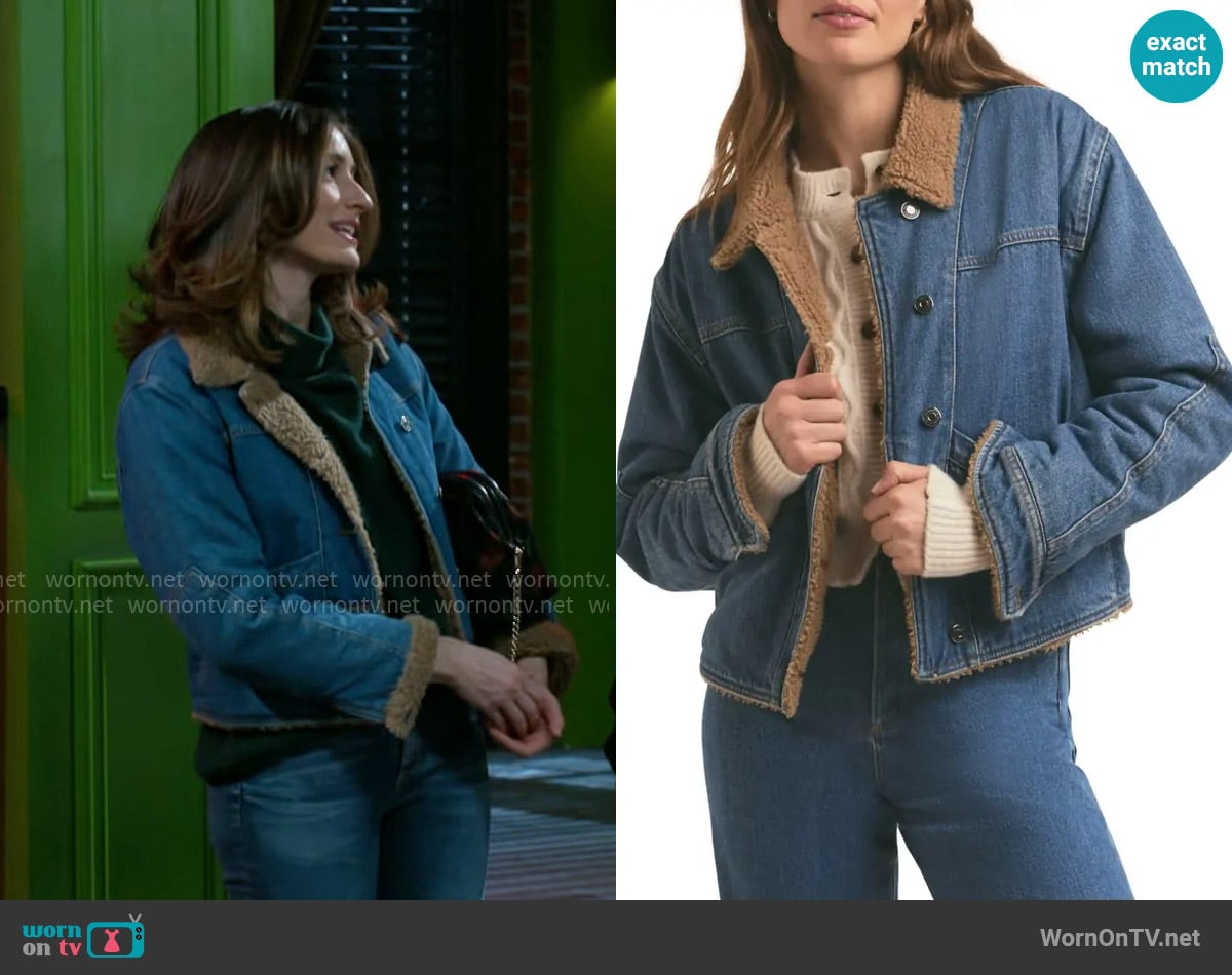 Favorite Daughter The Bridget Denim Trucker Jacket with Faux Shearling Lining worn by Ashley Morgan (Jen Jacob) on Beyond the Gates