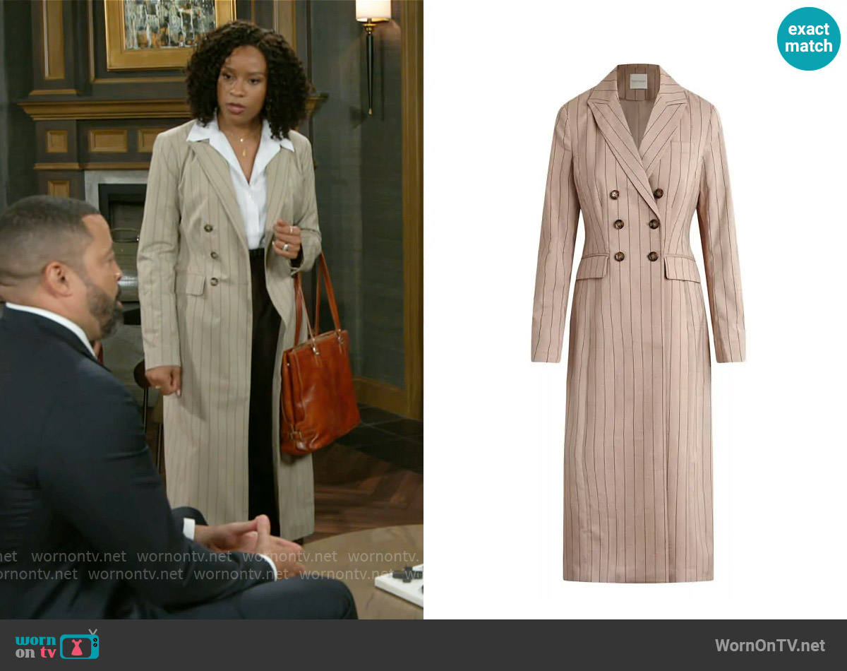 Favorite Daughter The Meyer Double-Breasted Coat in Natural Pinstripe worn by Naomi Hamilton Hawthorne (Arielle Prepetit) on Beyond the Gates