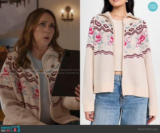 For Love & Lemons Ski Lodge Knit Zip-Up Sweater in Cream worn by Maddie Kendall (Jennifer Love Hewitt) on 9-1-1