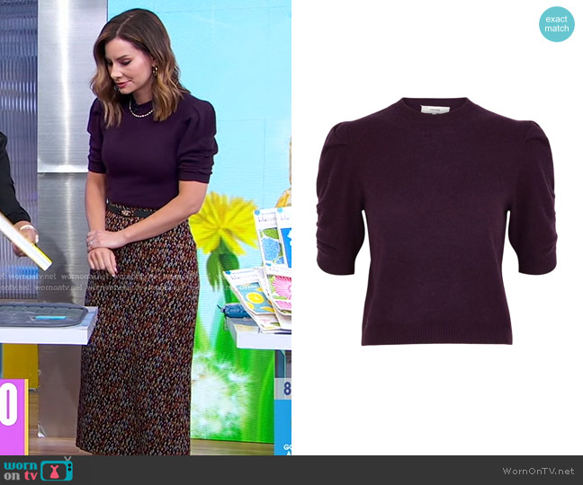 Frame Ruched Sleeve Recycled Cashmere Blend Sweater in Plum worn by Rebecca Jarvis on Good Morning America