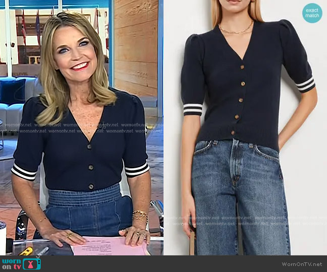 G. Label Keenan Striped Short-Sleeve Cardigan worn by Savannah Guthrie on Today