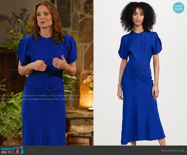 Victoria Beckham Gathered Waist Midi Dress in Palace Blue worn by Kimberly Williams-Paisley on Today