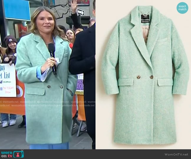 J. Crew Relaxed Topcoat in Italian brushed wool blend Wintermint worn by Jenna Bush Hager on Today