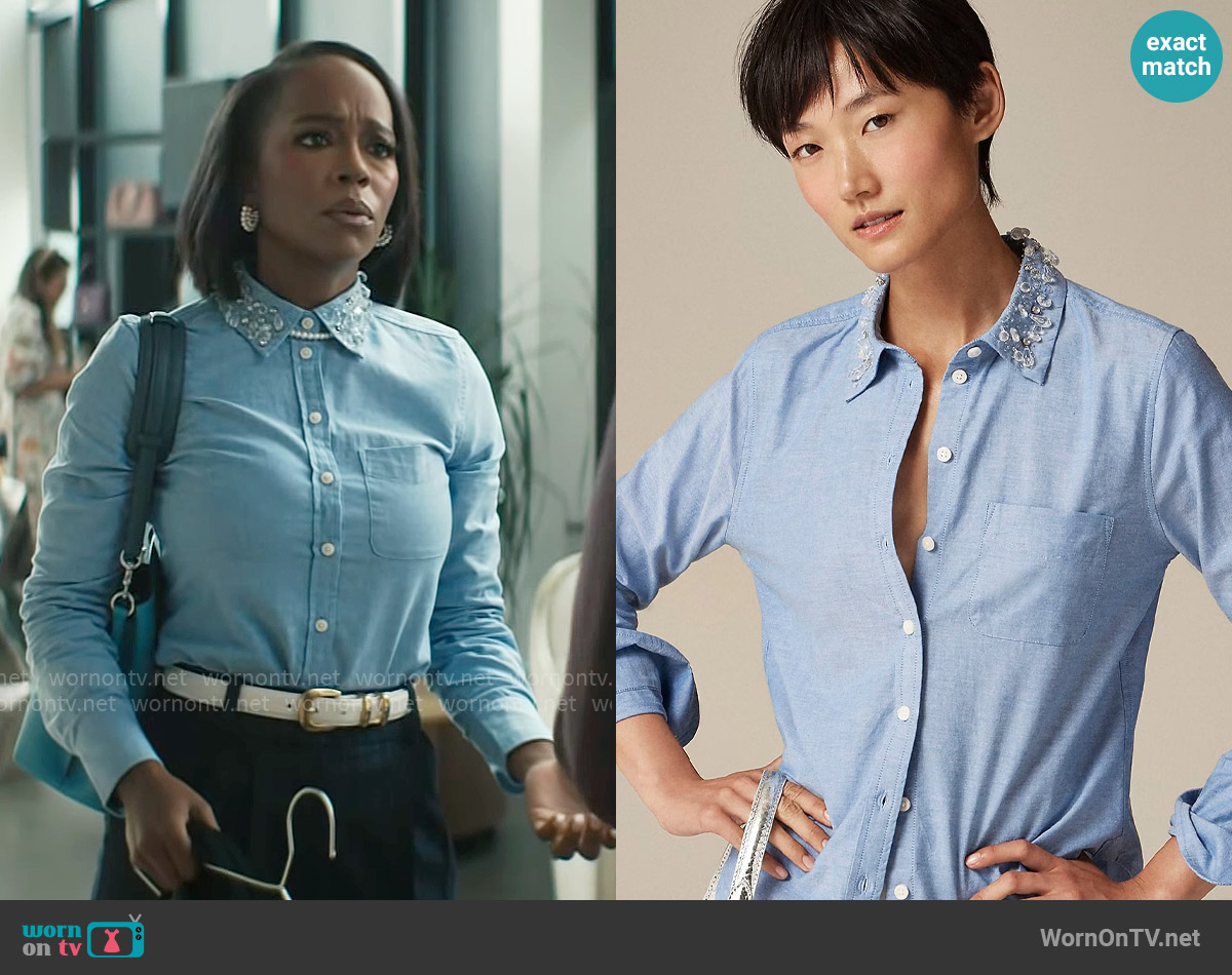 J. Crew Collection shrunken button-up shirt in embellished brushed cotton oxford worn by Catherine (Aja Naomi King) on Grosse Pointe Garden Society