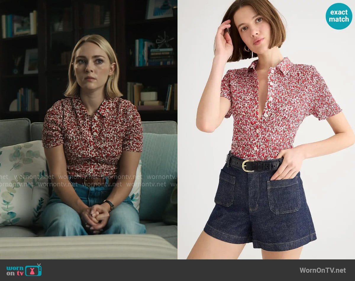 J. Crew Smocked button-up shirt in Liberty® Eliza's Red fabric worn by Alice (AnnaSophia Robb) on Grosse Pointe Garden Society