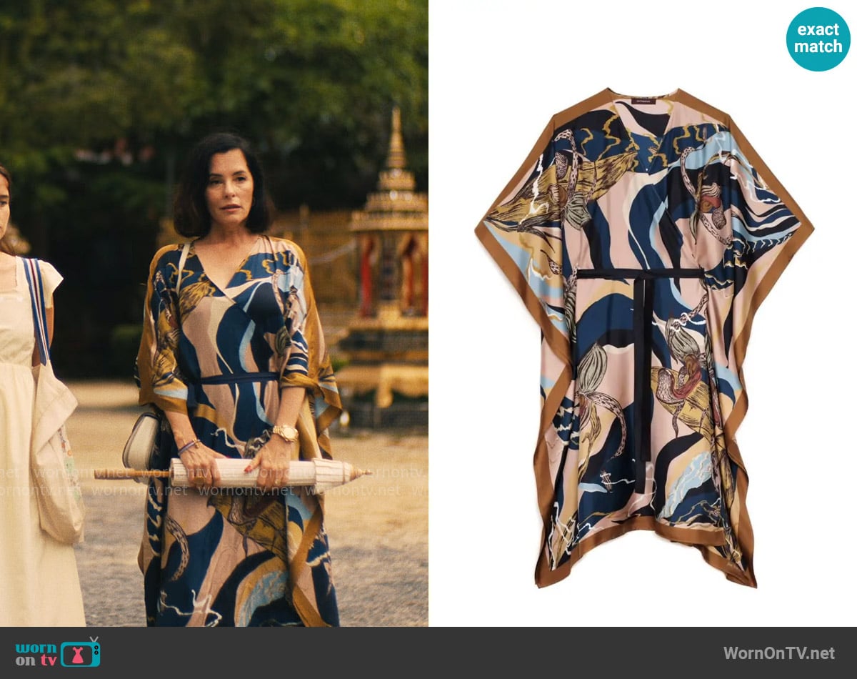 Jim Thompson Slipper Orchid Silk Kimono Kaftan Dress worn by Victoria Ratliff (Parker Posey) on The White Lotus