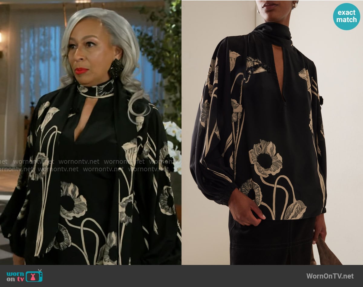 Johanna Ortiz Papaver Somniferum Scarf-Neck Silk-Blend Top worn by Anita Dupree (Tamara Tunie) on Beyond the Gates