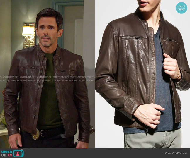 John Varvatos Brando Band Collar Jacket in Chocolate worn by Shawn Douglas Brady (Brandon Beemer) on Days of our Lives