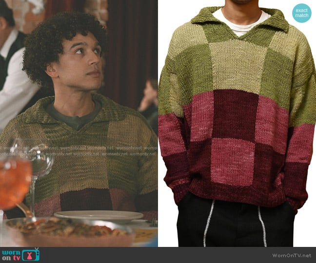 Kartik Research Open Collar Wool Patchwork Sweater worn by Roy (Hayward Leach) on Elsbeth