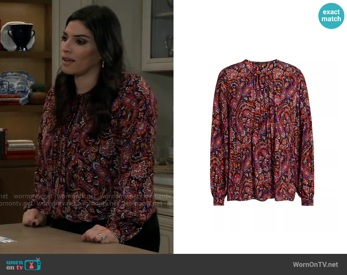 Kobi Halperin Roxanne Paisley Round-Neck Blouse worn by Brook Lynn Quartermaine (Amanda Setton) on General Hospital