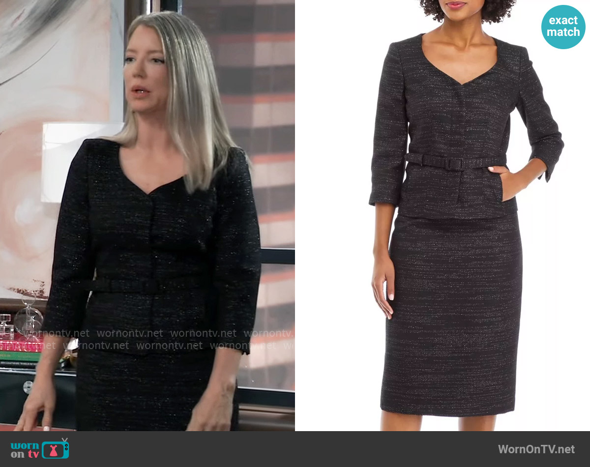 Le Suit Metallic Tweed Belted Jacket & Pencil Skirt Suit worn by Nina Reeves (Cynthia Watros) on General Hospital