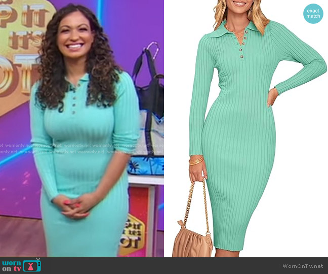 MEROKEETY V Neck Ribbed Sweater Dress in Lake Blue worn by Milly Almodovar on Good Morning America