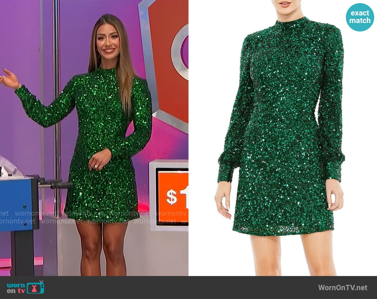 Mac Duggal Sequin Open Back Bishop Sleeve Mini Dress worn by Manuela Arbeláez on The Price is Right
