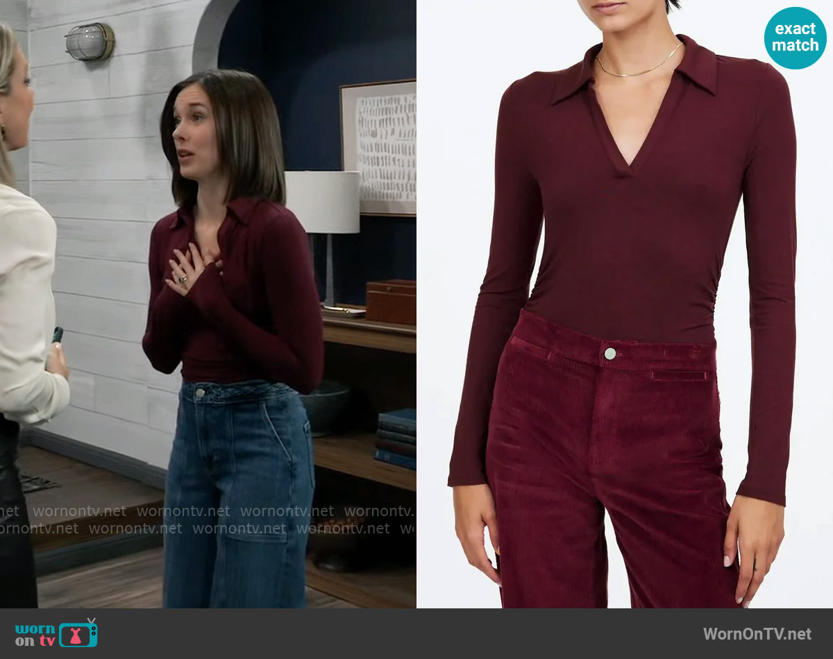 Madewell Side Cinch Long Sleeve Polo Top in Dark Burgundy worn by Willow Tait (Katelyn MacMullen) on General Hospital