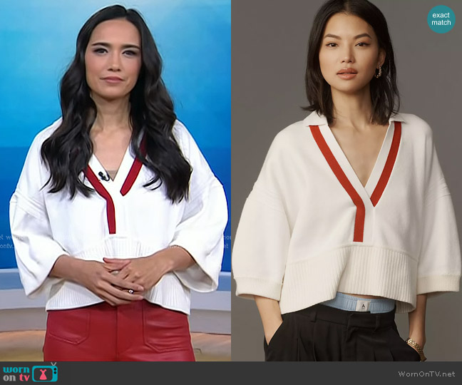 Maeve Elbow-Sleeve Compact Collared V-Neck Sweater in Ivory worn by Emilie Ikeda on Today