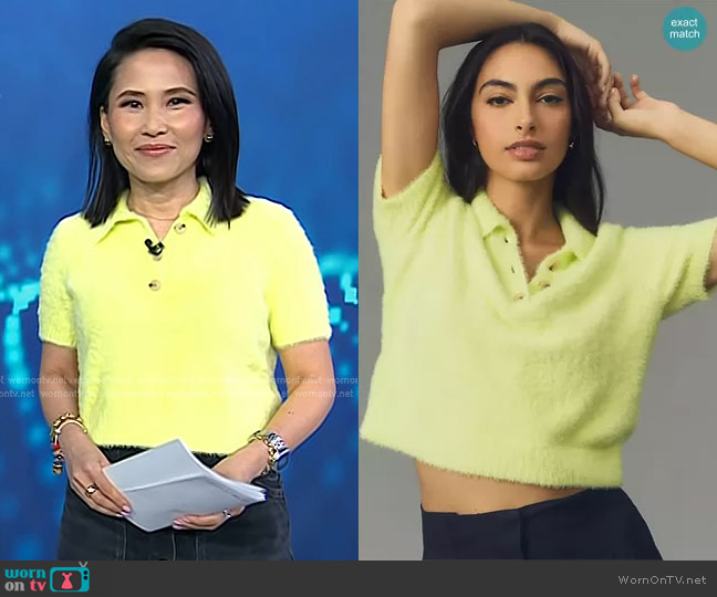 Maeve Eyelash Cropped Polo Sweater in Green worn by Vicky Nguyen on Today