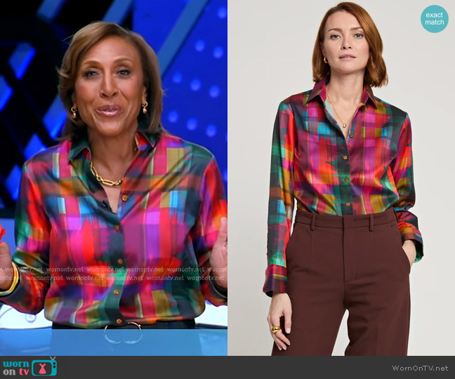 Hinson Wu Margot Long Sleeve Satin Festive Plaid Print Shirt worn by Robin Roberts on Good Morning America