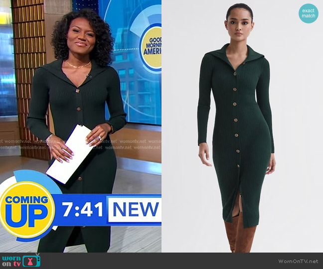 Reiss Maria Knitted Button Front Dress worn by Janai Norman on Good Morning America