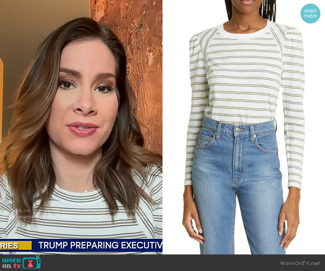 Veronica Beard Mason Stripe Cotton Baseball Top worn by Rebecca Jarvis on Good Morning America