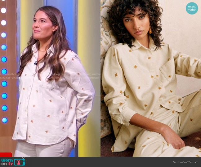 Sezane Max Shirt in Ecru with Ampola Embroidery worn by Caroline Chambers on Good Morning America