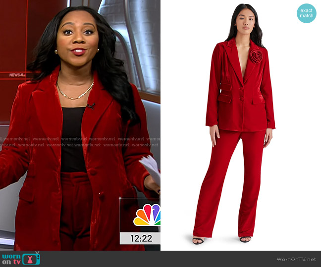Steve Madden Merene Velvet Removable Rosette Blazer in Red Velvet worn by Kay Angrum on NBC News Daily