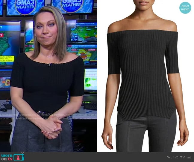Helmut Lang Off-the-Shoulder Short-Sleeve Ribbed Silk Top worn by Ginger Zee on Good Morning America