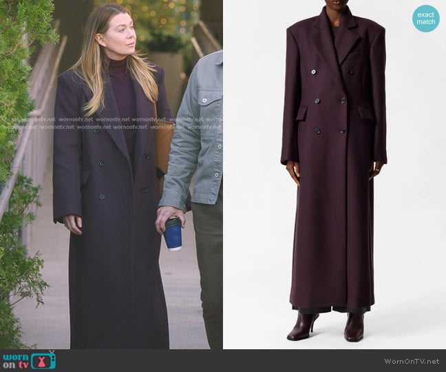 & Other Stories Longline Wool Blend Coat in Burgundy worn by Meredith Grey (Ellen Pompeo) on Greys Anatomy