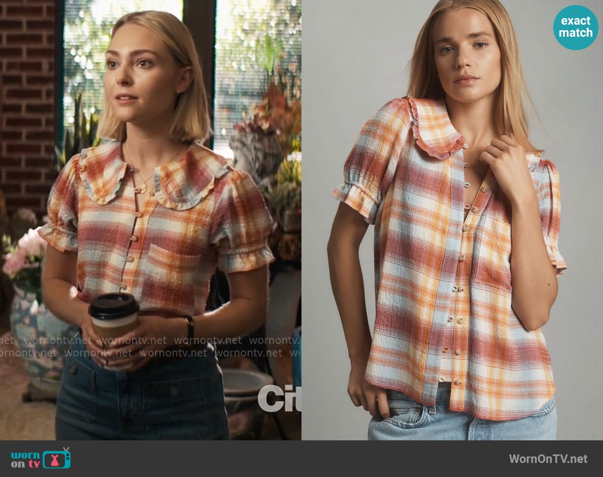 Pilcro The Keira Collared Button-Front Blouse Plaid Edition worn by Alice (AnnaSophia Robb) on Grosse Pointe Garden Society