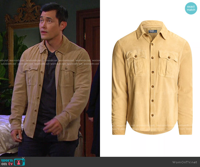 Polo Ralph Lauren Suede Utilitarian Jacket in Light Honey worn by Paul Narita (Christopher Sean) on Days of our Lives