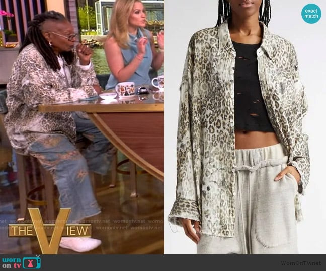 R13 Shredded Seam Drop Neck Leopard Print Button-Up Shirt worn by Whoopi Goldberg on The View