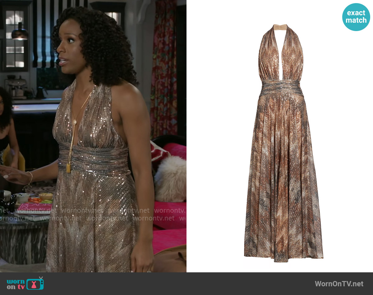 Ramy Brook Reyna Abstract Sequined Halterneck Gown worn by Naomi Hamilton Hawthorne (Arielle Prepetit) on Beyond the Gates