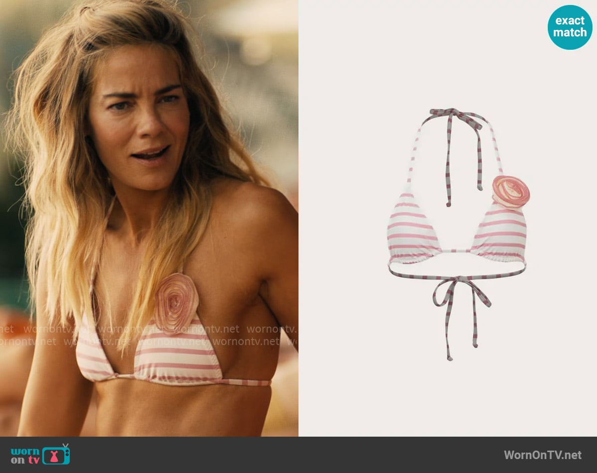 SAME Rose Triangle Top in Pink Stripe worn by Jaclyn Lemon (Michelle Monaghan) on The White Lotus