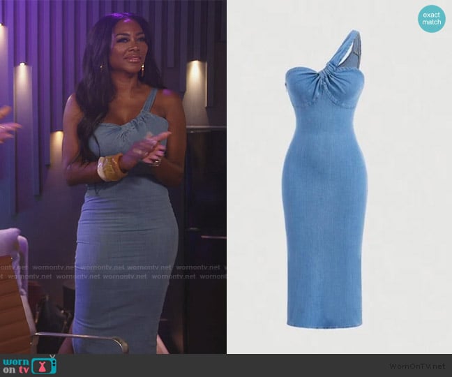 Shein Blue Asymmetrical One Shoulder Twist Front Denim Dress worn by Kenya Moore on The Real Housewives of Atlanta