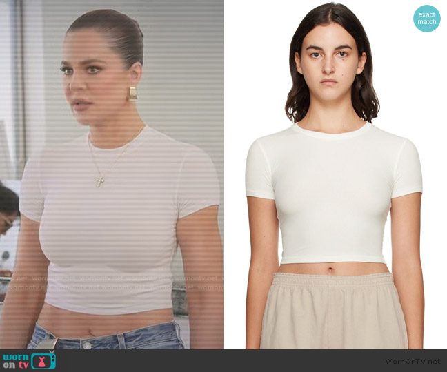 Skims White Soft Lounge Cropped T-Shirt worn by Khloe Kardashian (Khloe Kardashian) on The Kardashians