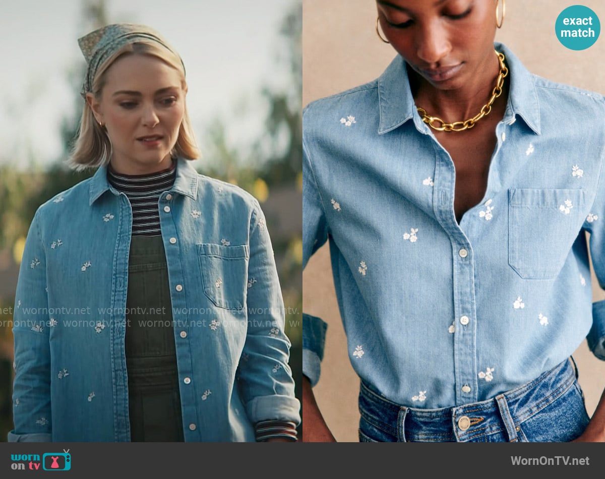 Sezane Tomboy Shirt in Embroidered Denim worn by Alice (AnnaSophia Robb) on Grosse Pointe Garden Society