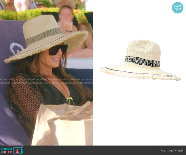 Shiraleah Fringed Ari Sun Hat with Black Trim worn by Kyle Richards on The Real Housewives of Beverly Hills