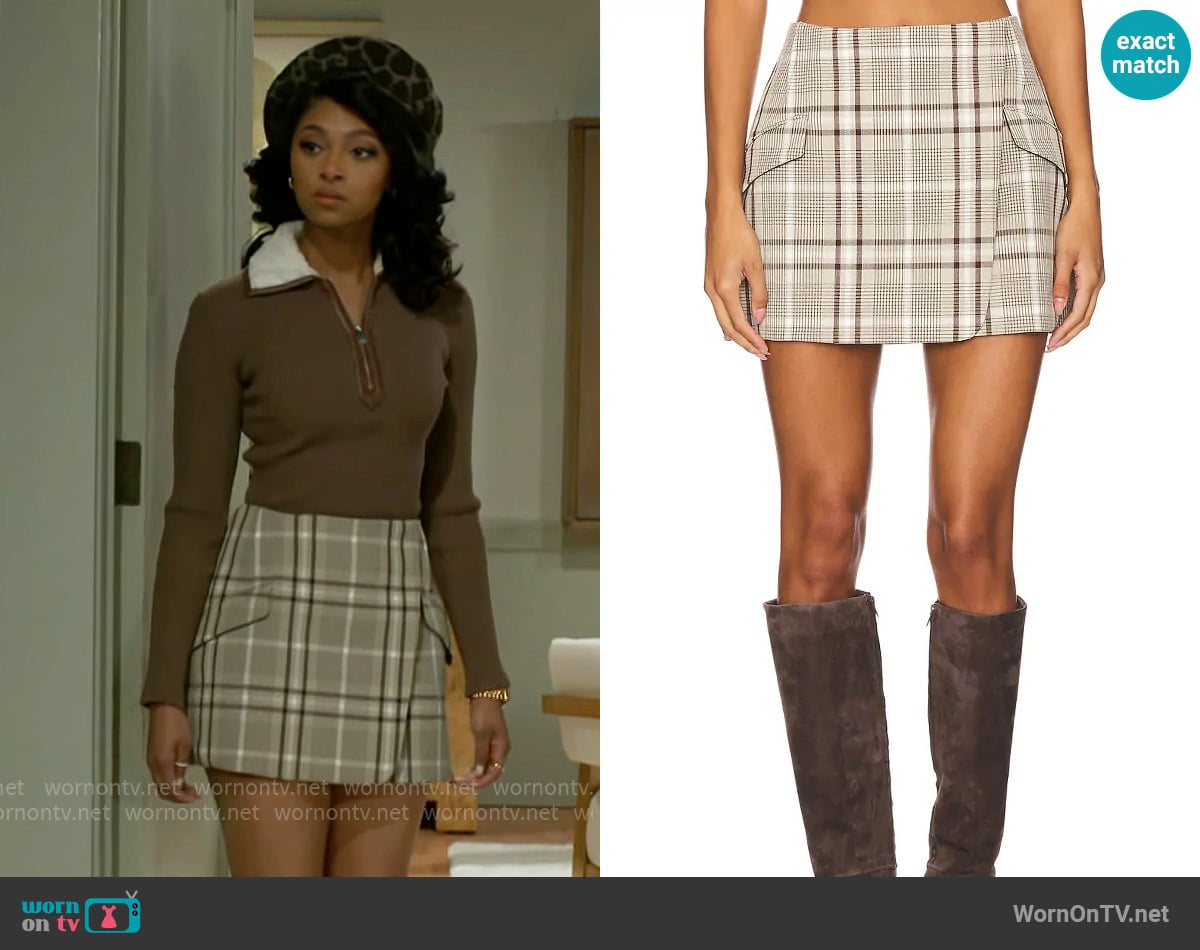 Simkhai Payton Wrap Mini Skirt in Sand Plaid worn by Kat Richardson (Colby Muhammad) on Beyond the Gates