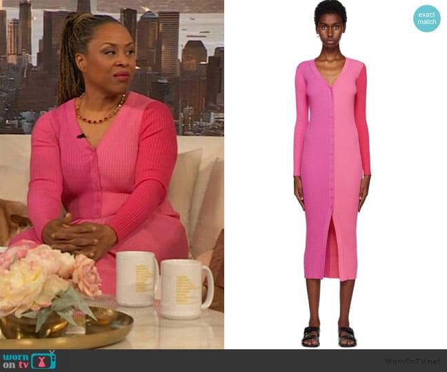 Staud Pink Shoko Midi Dress worn by Dr Kameelah Phillips on The Drew Barrymore Show