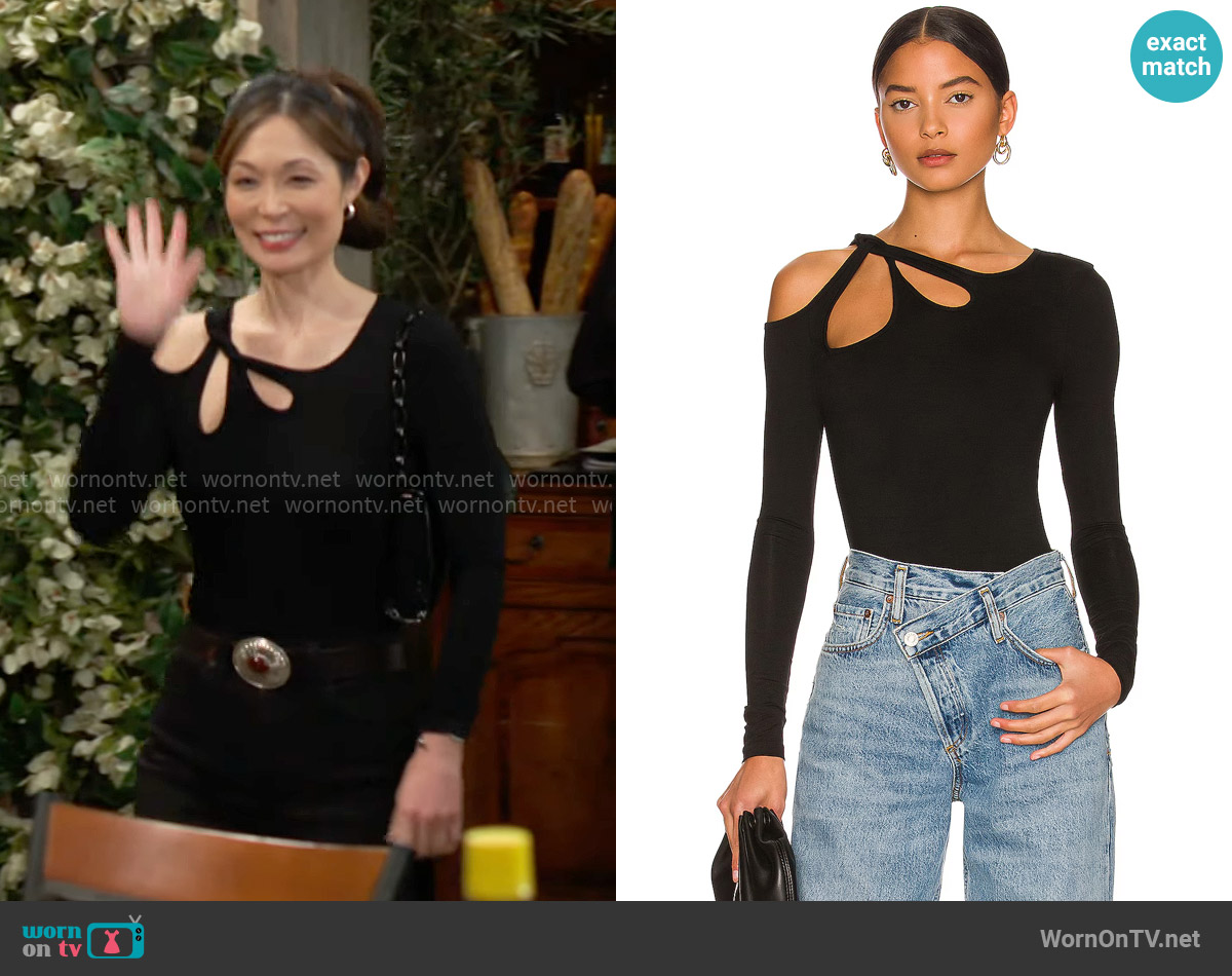 Superdown Yesenia Twist Bodysuit worn by Penelope Poppy Nozawa (Romy Park) on The Bold and the Beautiful