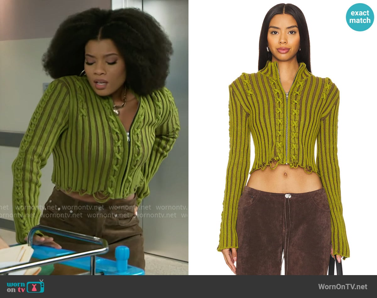 TG Botanical Tracy Jacket in Wormwood & Truffle worn by Eva Thomas (Ambyr Michelle) on Beyond the Gates
