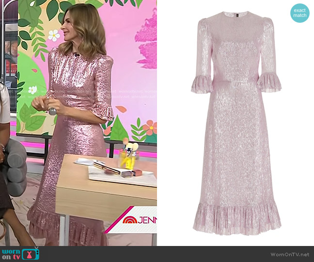 The Vampire's Wife The Falconetti Metallic Chiffon Midi Dress in Pink worn by Trinny Woodall on Today