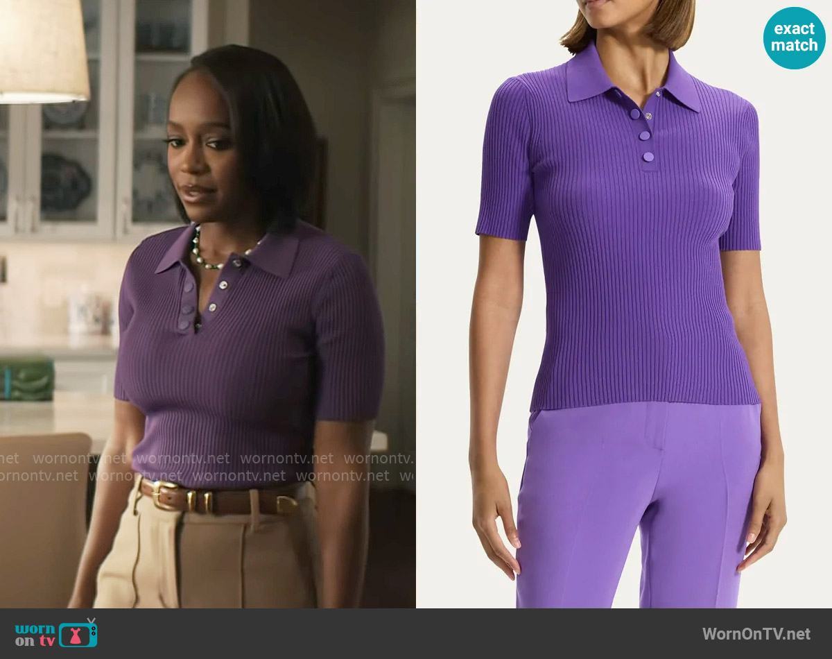 Theory Ribbed Compact Crepe Short-Sleeve Polo Shirt in Bright Peony worn by Catherine (Aja Naomi King) on Grosse Pointe Garden Society