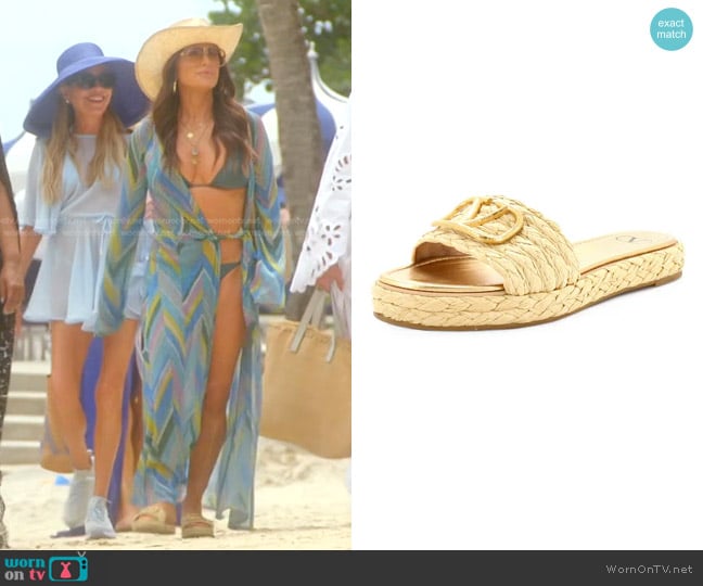 Valentino Vlogo Espadrille Raffia Slide Sandals worn by Kyle Richards on The Real Housewives of Beverly Hills