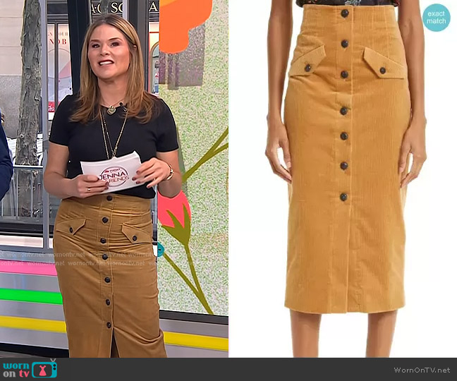 Veronica Beard Barrie Corduroy Midi Skirt in Khaki worn by Jenna Bush Hager on Today