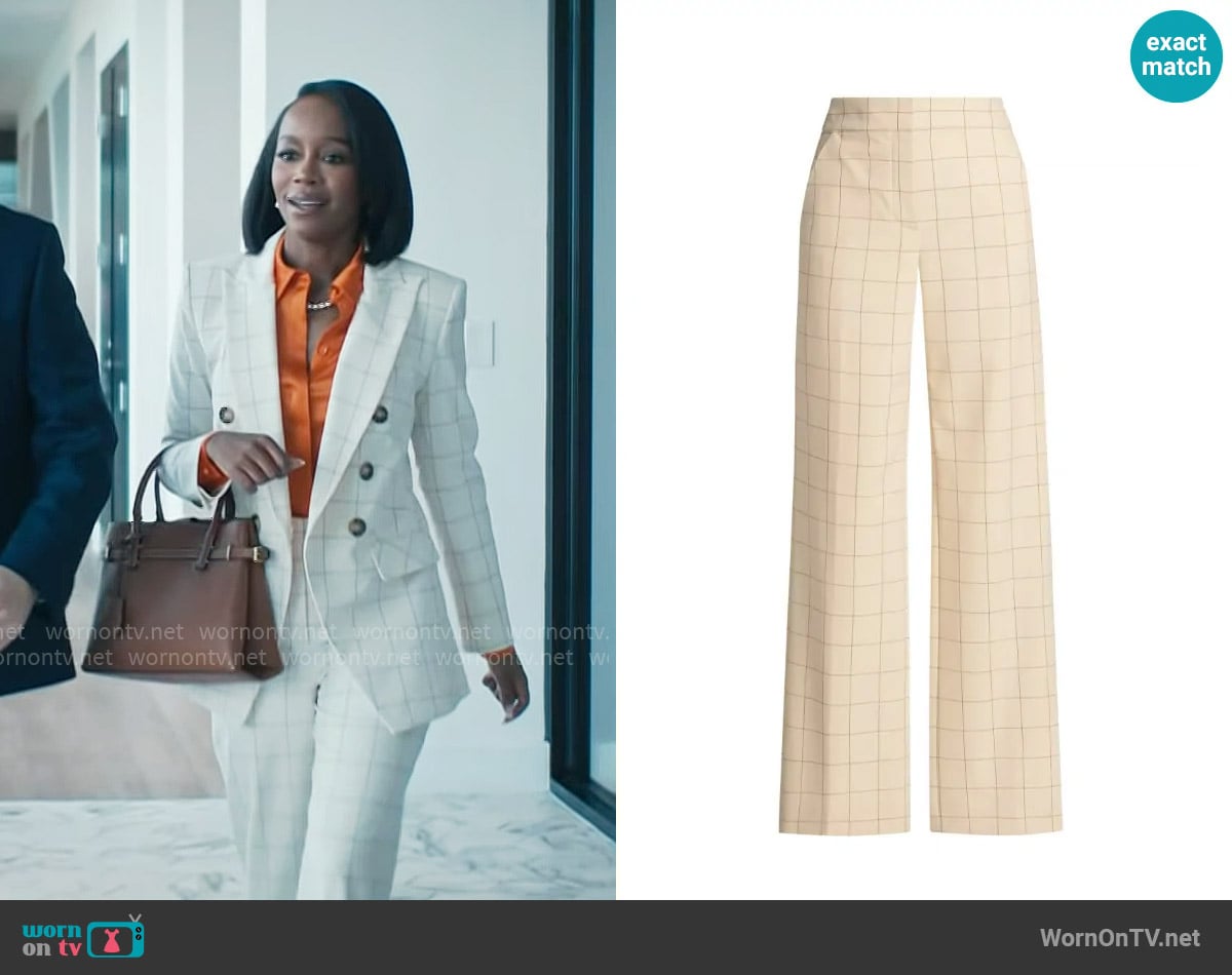 Veronica Beard Tonelli Windowpane Wide-Leg Pants in Ecru Deep Ochre worn by Catherine (Aja Naomi King) on Grosse Pointe Garden Society