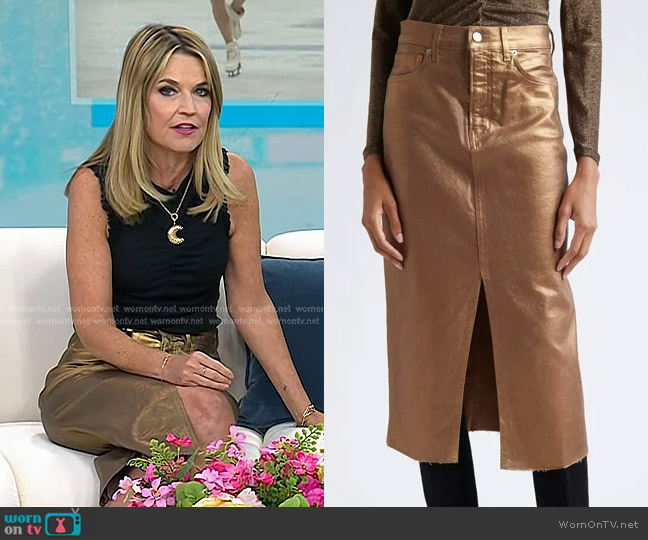 Veronica Beard Victoria Front Slit Metallic Midi Skirt in Antique Brass worn by Savannah Guthrie on Today