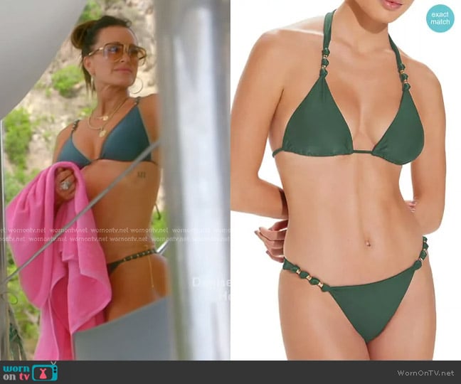 ViX by Paula Hermanny Paula Triangle Bikini Top in Green worn by Kyle Richards on The Real Housewives of Beverly Hills