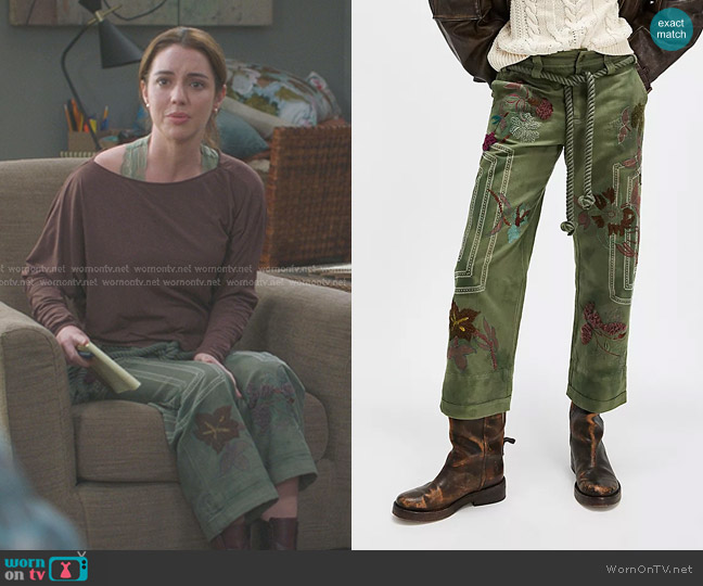 We The Free Electric Sands Embroidered Pants in Crystal Kelp worn by Jules Millin (Adelaide Kane) on Greys Anatomy