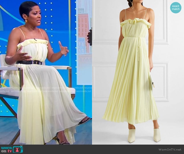 Adam Lippes Ruffle-trimmed Pleated Chiffon Maxi Dress in Pastel Yellow worn by Tamron Hall on Good Morning America